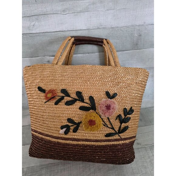 Handcrafted Straw Rattan Tote Bag 3d Floral Embroidery & Leather Wrapped Handles - Picture 1 of 11